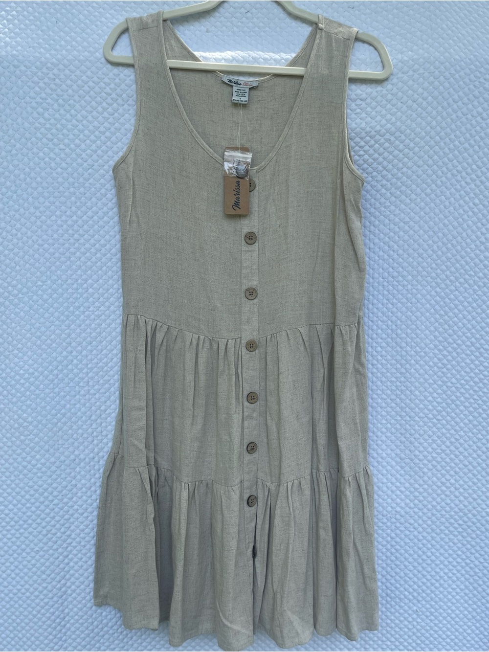 Marissa Olivia Women’s Small Oatmeal Linen Blend Tiered Button Front Midi Dress